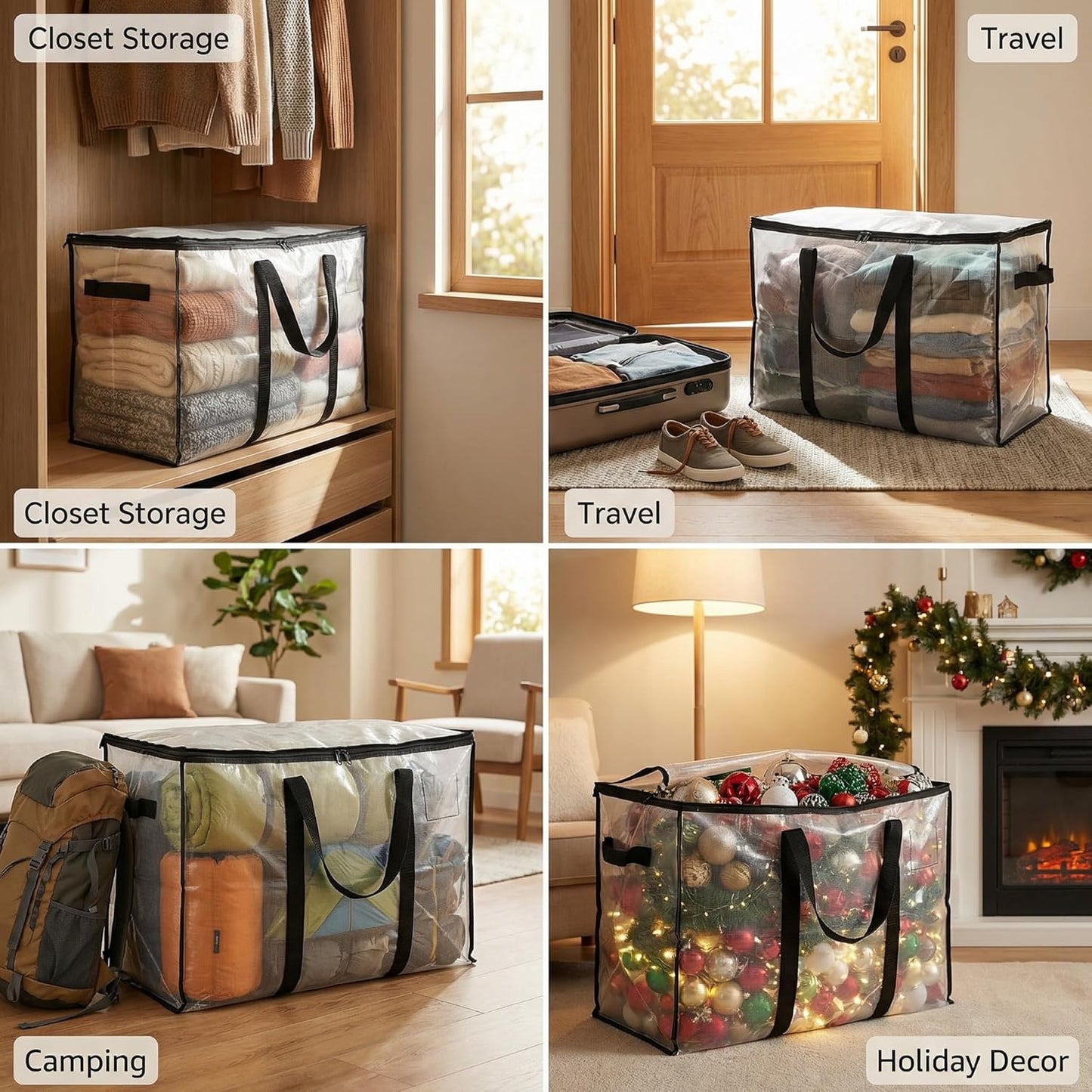 Clothes Storage Bags with Lids, 6 Pack Heavy-Duty Moving Bags for Moving, Clothes Storage, Laundry Bag, Packing, House Solutions（Transparent ）