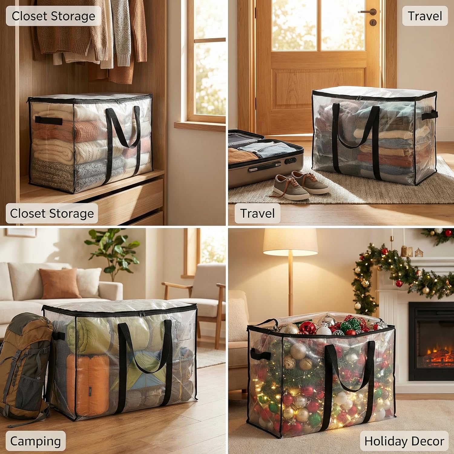 Clothes Storage Bags with Lids, 6 Pack Heavy-Duty Moving Bags for Moving, Clothes Storage, Laundry Bag, Packing, House Solutions（Transparent ）