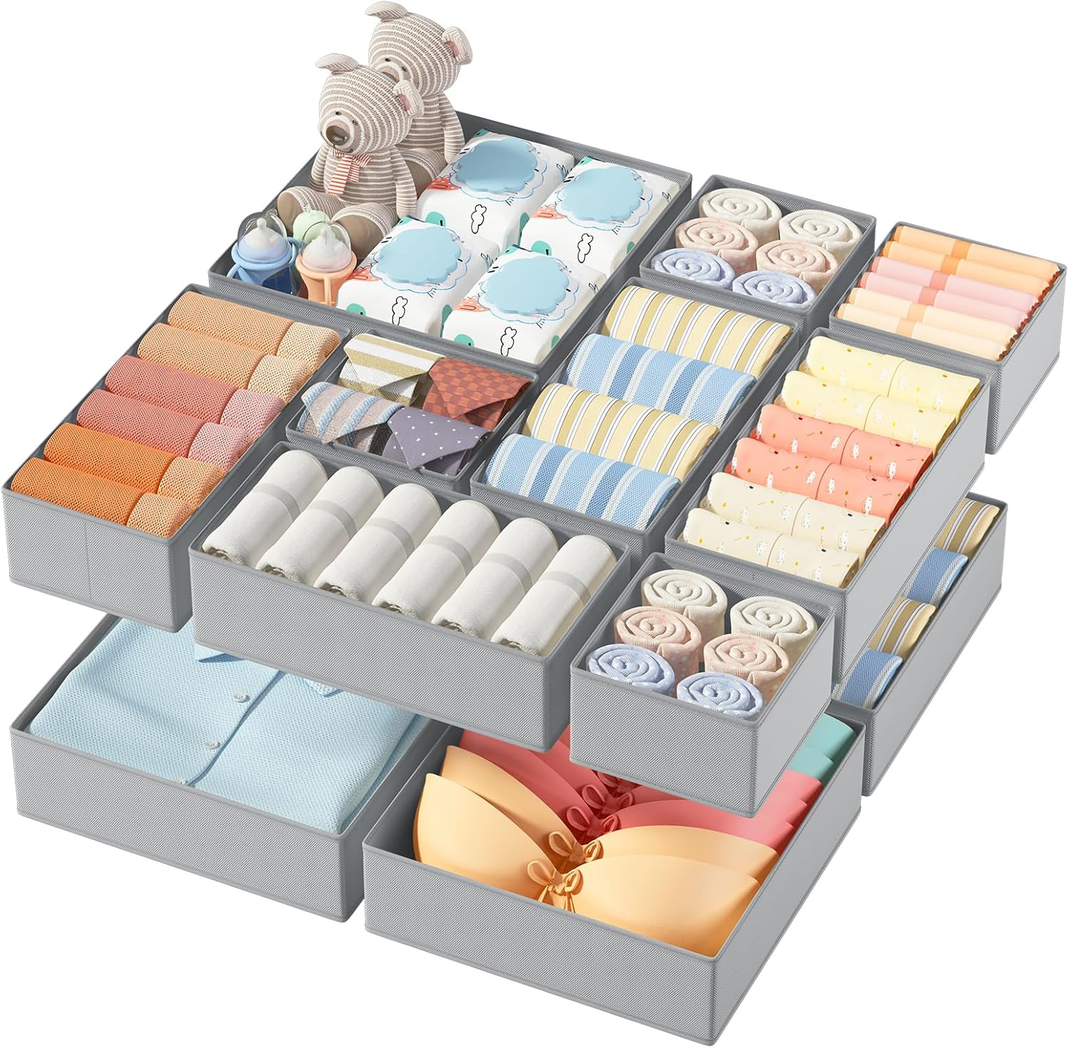 12 Pack Drawer Organisers Foldable Storage Box Fabric Drawer Dividers Wardrobe Storage Organiser Storage Cubes for Bras, Socks, Underwear, Ties, Scarves, Cosmetics