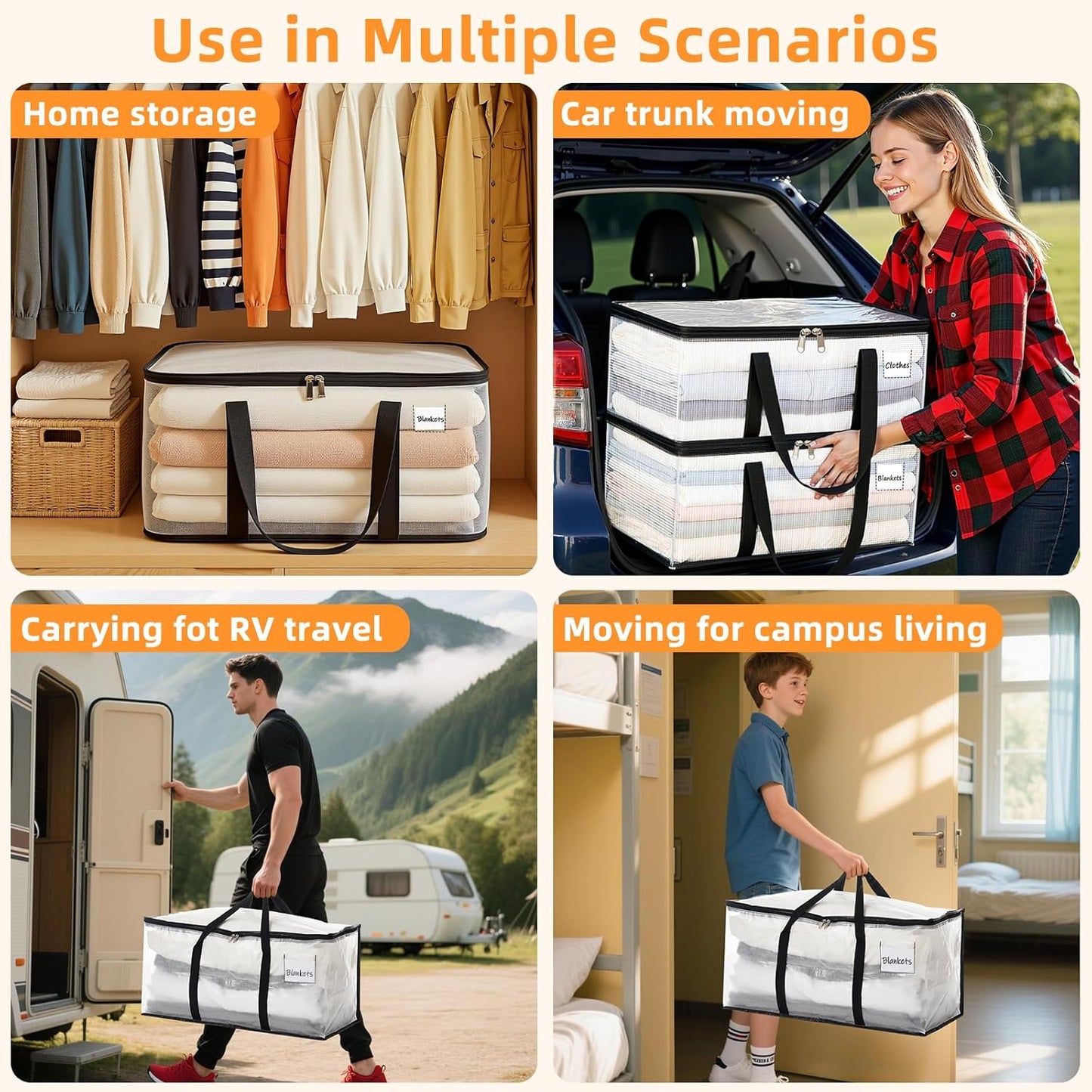 Clothes Bags Storage, 90L Clear Storage Bags with Zipper & Handle & Tag Pocket, Foldable Moving Bags for Wardrobe, Bedding, House Moving, Travelling (4 Pack, 70X36X35Cm)