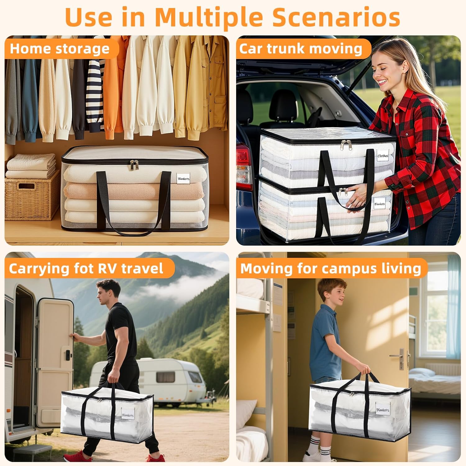 Clothes Bags Storage, 90L Clear Storage Bags with Zipper & Handle & Tag Pocket, Foldable Moving Bags for Wardrobe, Bedding, House Moving, Travelling (4 Pack, 70X36X35Cm)