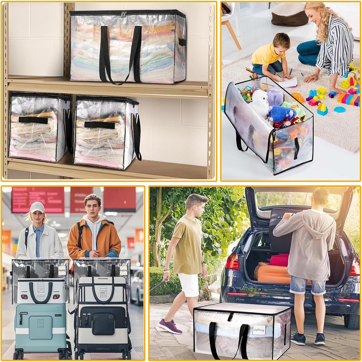 Clothes Storage Bags with Lids, 6 Pack Heavy-Duty Moving Bags for Moving, Clothes Storage, Laundry Bag, Packing, House Solutions（Transparent ）