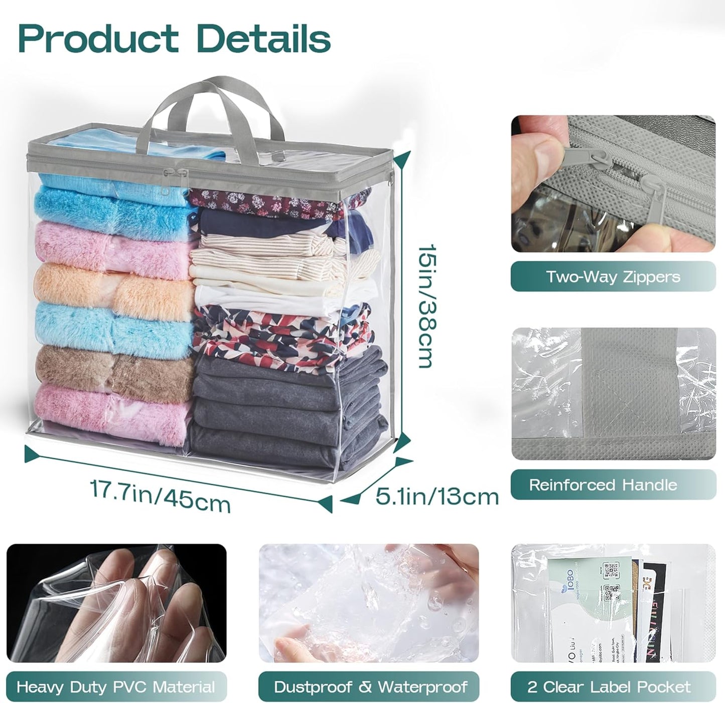 Clear Zippered Storage Bag Foldable Storage Boxes, 22L Storage Organizer Bags for Clothes, and Blanket Storage Bags for Bedding, Cds, Blankets, Comforters, Clothing & Toys (Grey, 10-Pack)