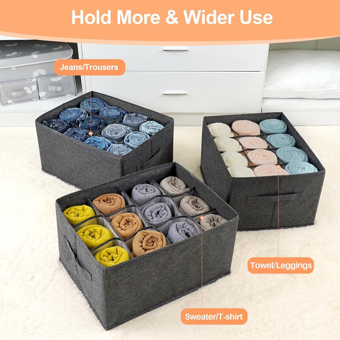 Wardrobe Organiser Clothes Storage Boxes - 12 Cell Foldable Closet Shelf Drawer Dividers for Cupboard Organizer, Stackable Clothing Box for Jeans, Trouser, Pants, T-Shirt, Sweater (1 Pack)
