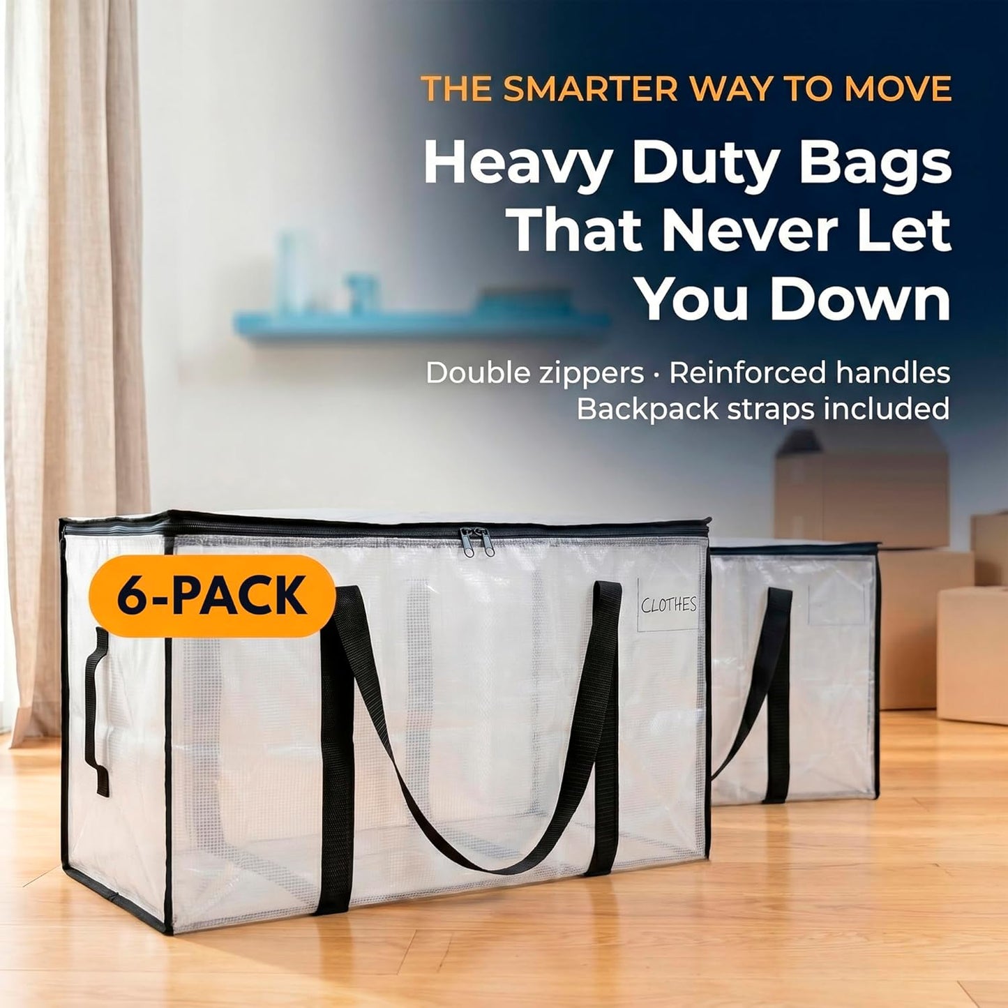Large Moving Boxes & Storage Bags – Oversized Packing Bags with Backpack Straps, Zippers & Handles – Heavy-Duty for College Dorm, Christmas Decorations, 6 Pack