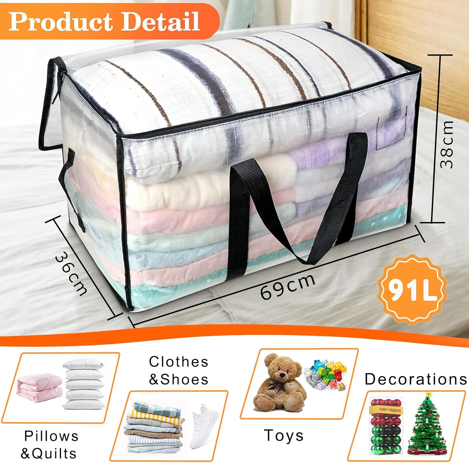 Clothes Storage Bags with Lids, 6 Pack Heavy-Duty Moving Bags for Moving, Clothes Storage, Laundry Bag, Packing, House Solutions（Transparent ）