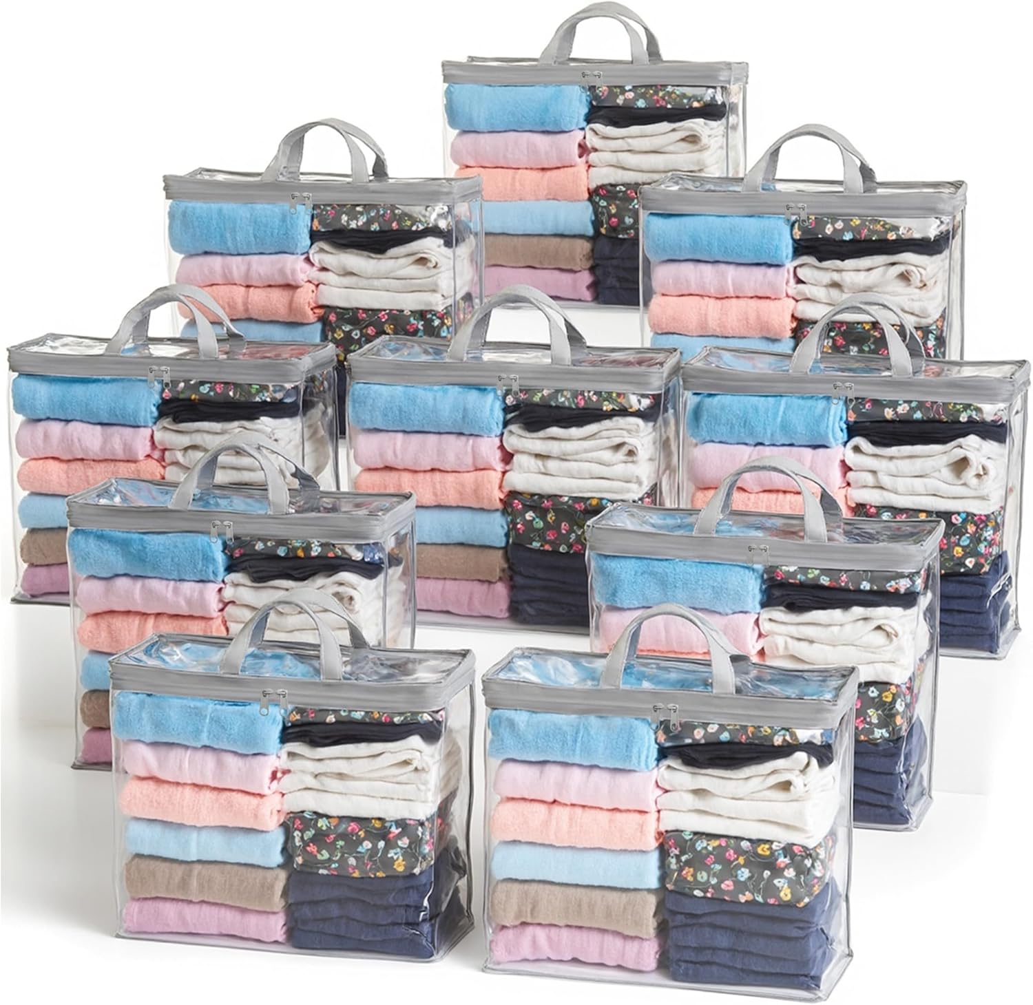 Clear Zippered Storage Bag Foldable Storage Boxes, 22L Storage Organizer Bags for Clothes, and Blanket Storage Bags for Bedding, Cds, Blankets, Comforters, Clothing & Toys (Grey, 10-Pack)