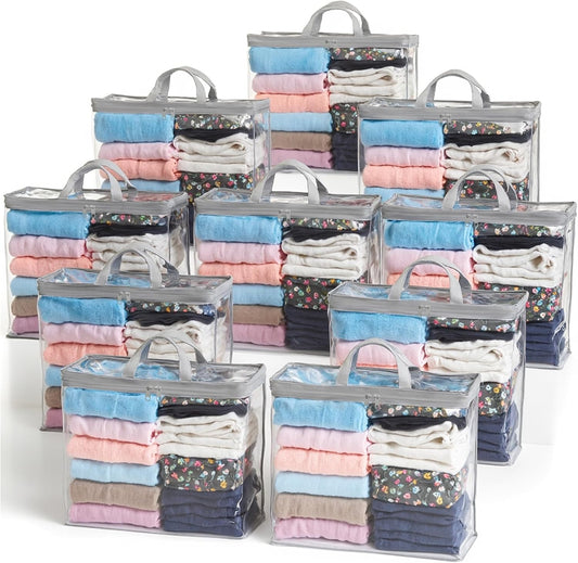 Clear Zippered Storage Bag Foldable Storage Boxes, 22L Storage Organizer Bags for Clothes, and Blanket Storage Bags for Bedding, Cds, Blankets, Comforters, Clothing & Toys (Grey, 10-Pack)