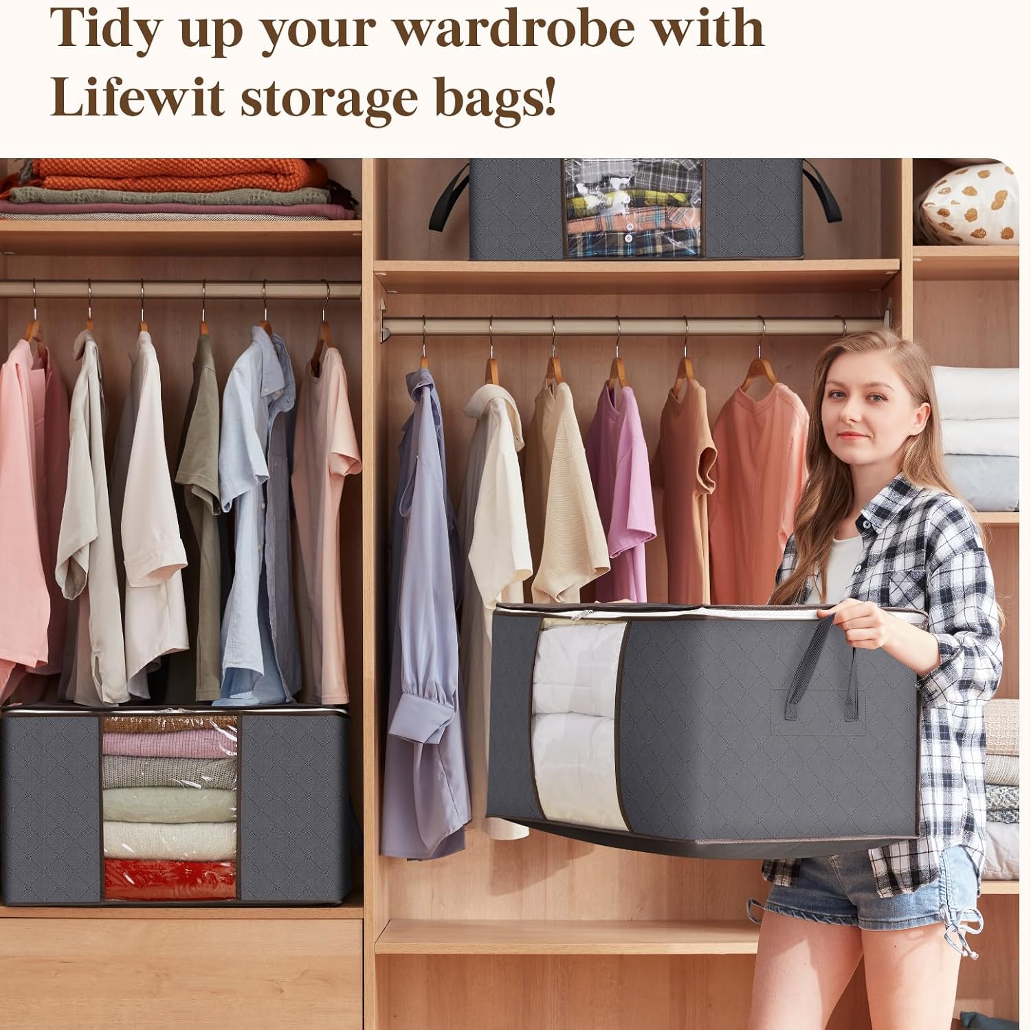 95L Clothes Storage Bags Large Storage Box with Lid Packing Boxes for Moving House with Reinforced Handle Thick Fabric Clear Window for Clothes Duvet Blankets Bedding, 3 Pack, Grey