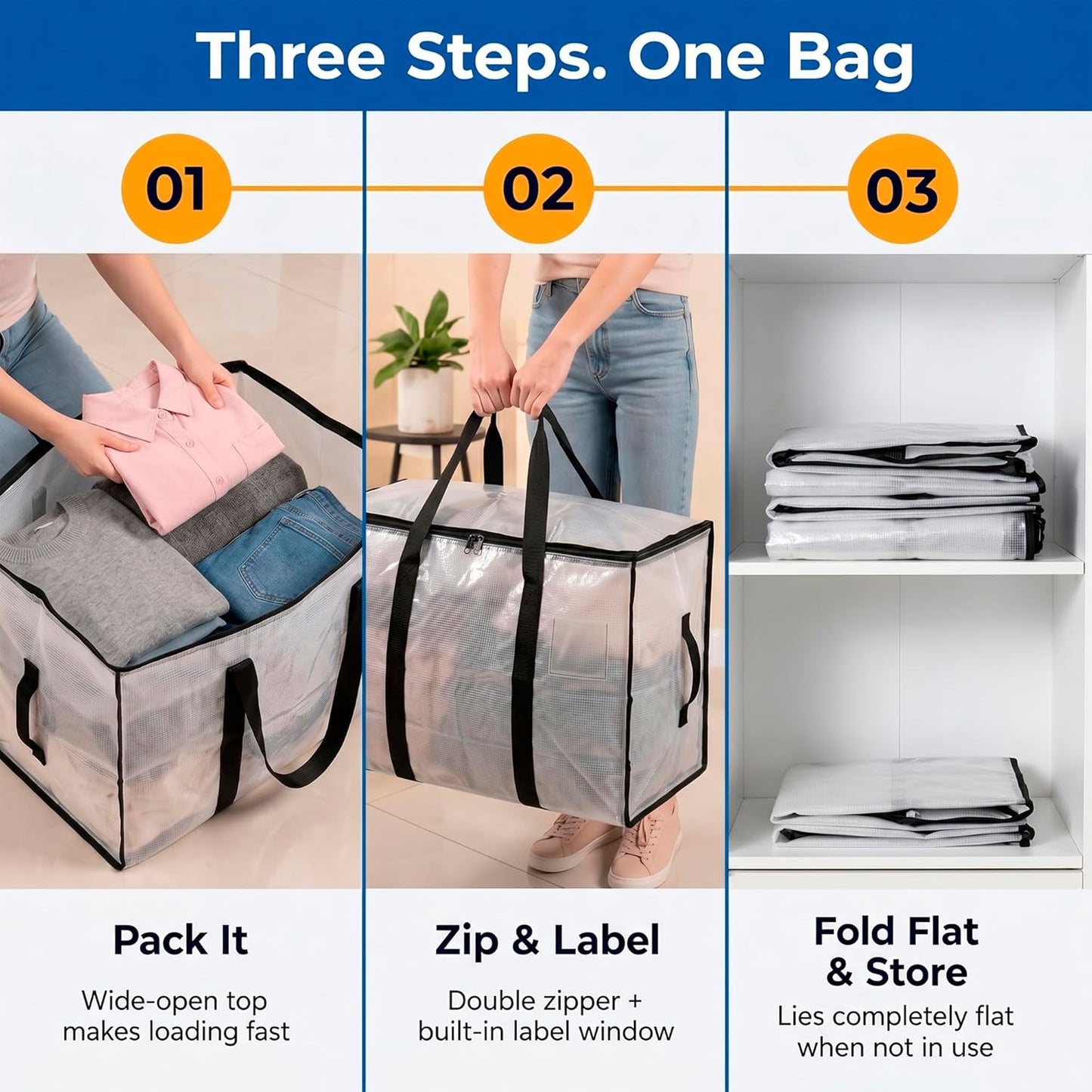 Large Moving Boxes & Storage Bags – Oversized Packing Bags with Backpack Straps, Zippers & Handles – Heavy-Duty for College Dorm, Christmas Decorations, 6 Pack