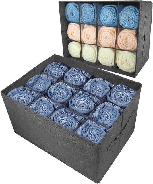 Wardrobe Organiser Clothes Storage Boxes - 12 Cell Foldable Closet Shelf Drawer Dividers for Cupboard Organizer, Stackable Clothing Box for Jeans, Trouser, Pants, T-Shirt, Sweater (1 Pack)