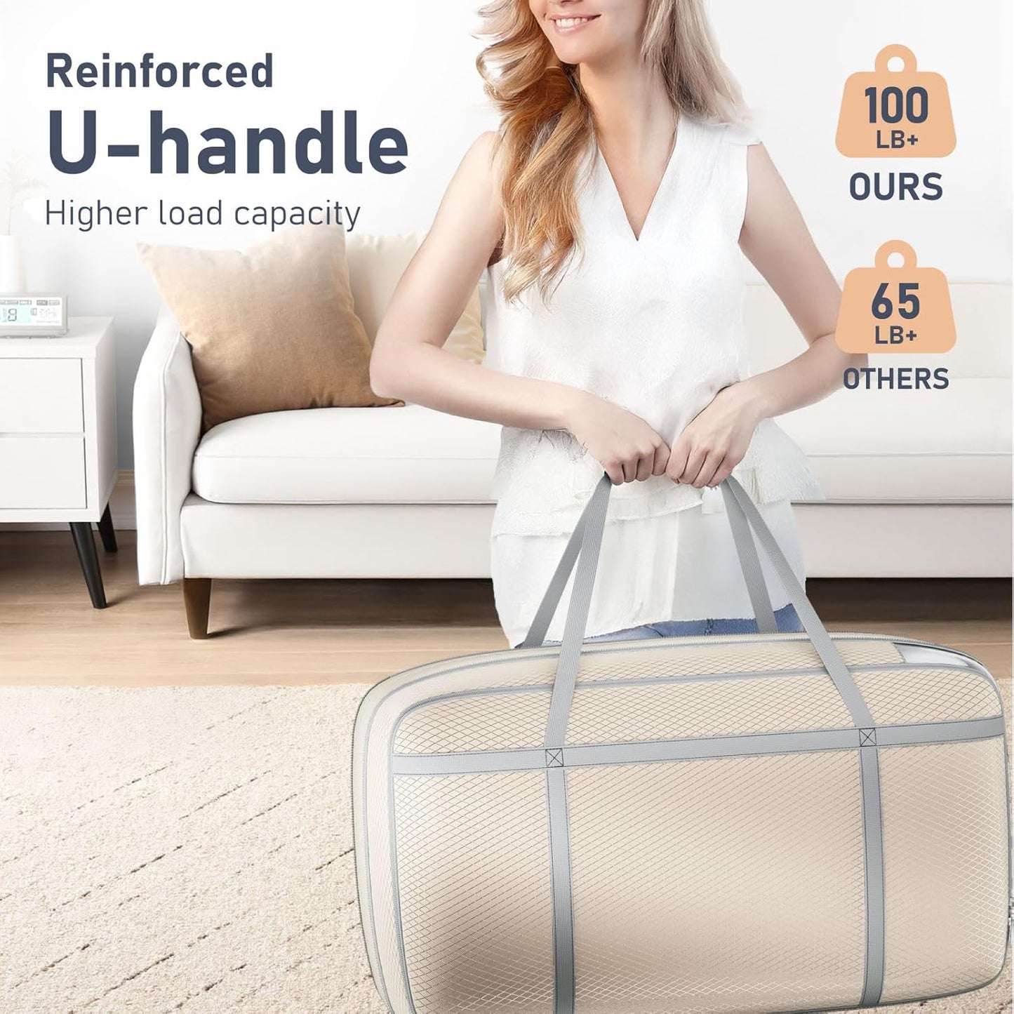 100L Compression Clothes Storage Bag - Tear-Resistant Polyester, Large Storage Boxes with Lids, Transparent Moving Bags with Reinforced Handles & Windows for Bedding/Travel/College, 2 Pack
