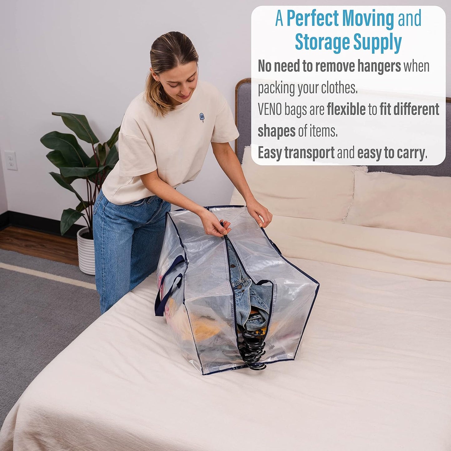 10 Pack Heavy-Duty Extra Large Moving Bags W/Backpack Straps, Moving House Essentials, Strong Handles & Zips, Clothes Storage, Packing, Laundry Bags, Reusable and Sustainable (Clear, 10 Pack)
