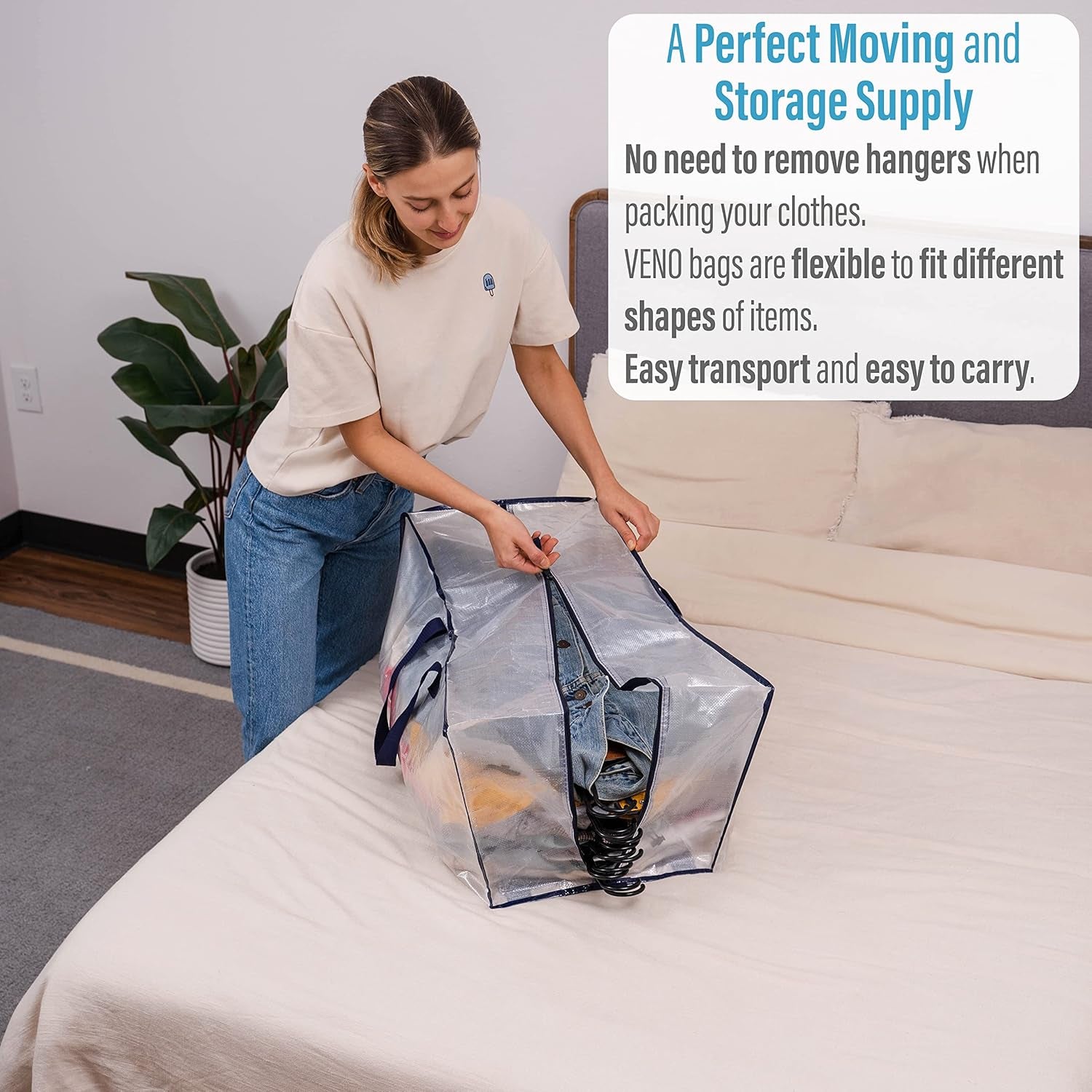 10 Pack Heavy-Duty Extra Large Moving Bags W/Backpack Straps, Moving House Essentials, Strong Handles & Zips, Clothes Storage, Packing, Laundry Bags, Reusable and Sustainable (Clear, 10 Pack)