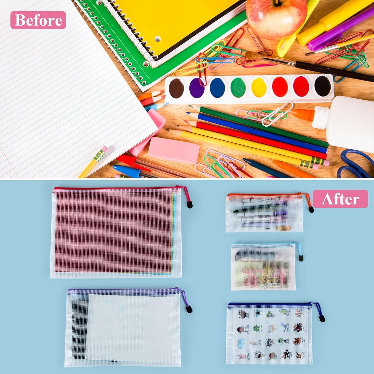 Plastic Zip Wallets Folders - 24Pcs Multi-Sizes File Folder, Zip Lock Bags, Plastic Folders Document Wallet, for School, Office, Travel, Organizing Stationery and Home Storage