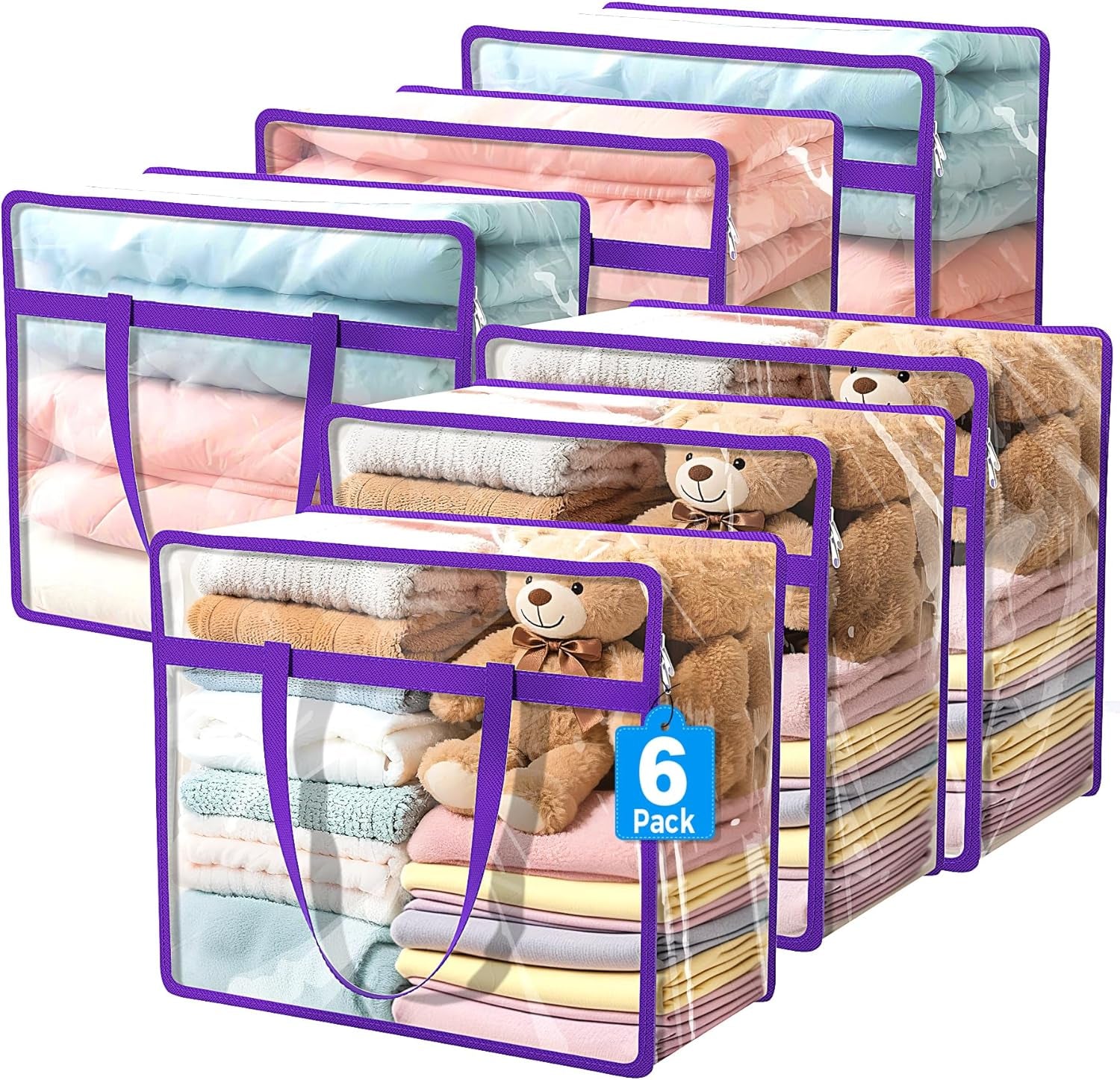 6 Pack Clear Storage Bags, 40L Plastic Storage Bag with Lid, Clothes Storage Bag Moving Bags PVC Organizer with Zipper for Bedding, Linen, Blankets, Comforters, Clothes, Purple