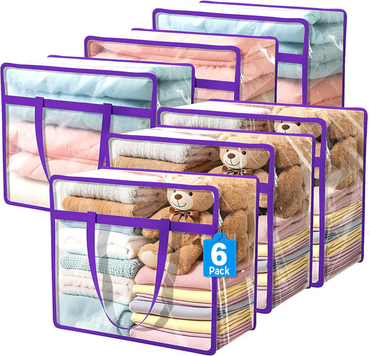 6 Pack Clear Storage Bags, 40L Plastic Storage Bag with Lid, Clothes Storage Bag Moving Bags PVC Organizer with Zipper for Bedding, Linen, Blankets, Comforters, Clothes, Purple