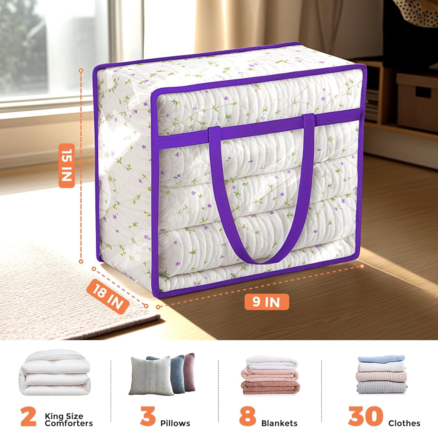 6 Pack Clear Storage Bags, 40L Plastic Storage Bag with Lid, Clothes Storage Bag Moving Bags PVC Organizer with Zipper for Bedding, Linen, Blankets, Comforters, Clothes, Purple