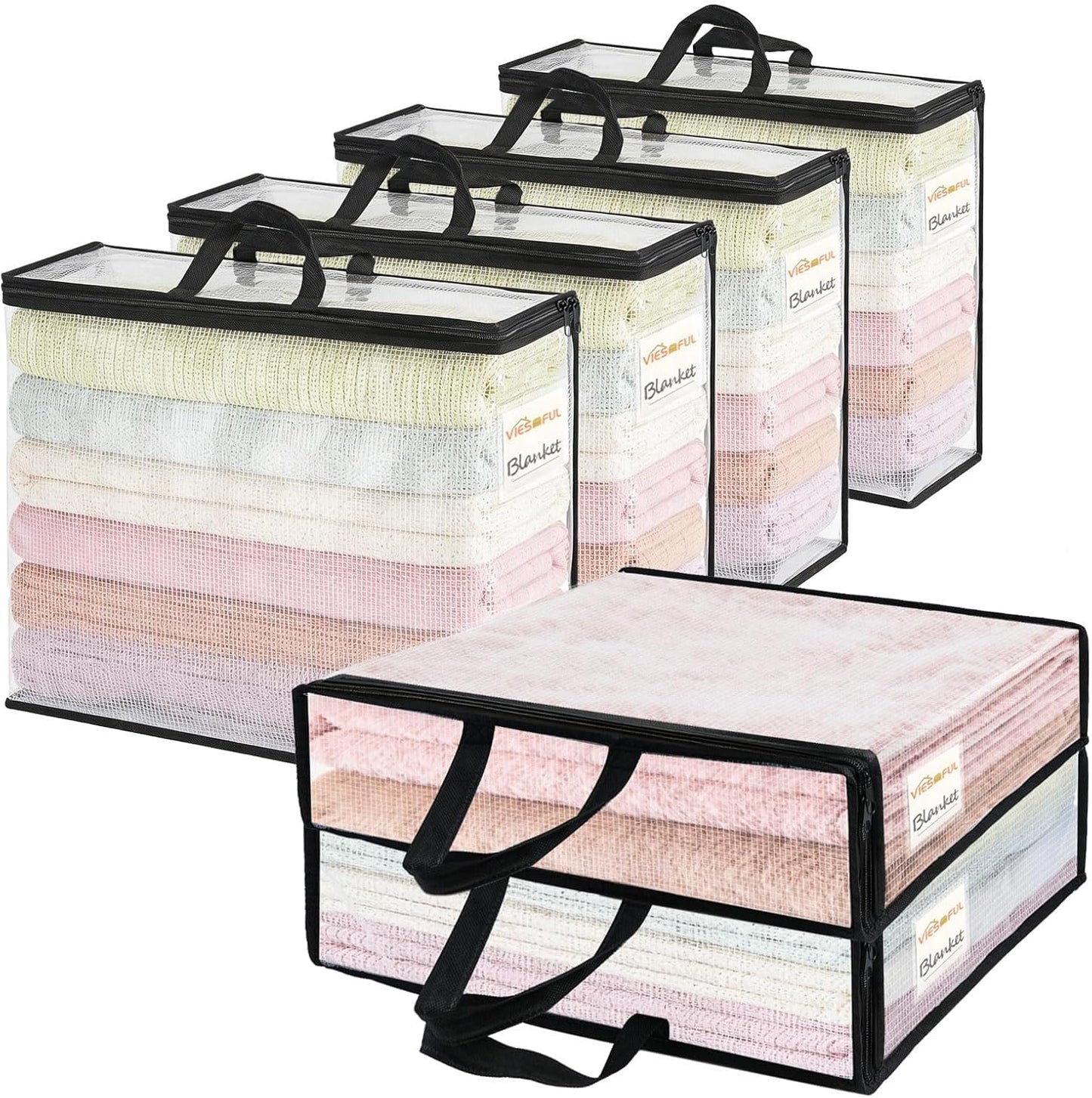 6 Pack Clear Storage Bags with Label, 22L Foldable PVC Mesh Clothes Storage Bags with Zipper for Bedding, Blankets, Clothing, Toys and Underbed Organisation