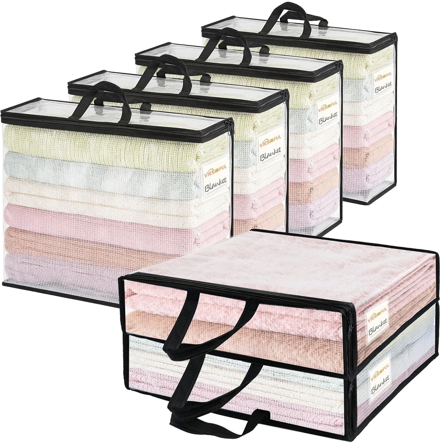 6 Pack Clear Storage Bags with Label, 22L Foldable PVC Mesh Clothes Storage Bags with Zipper for Bedding, Blankets, Clothing, Toys and Underbed Organisation
