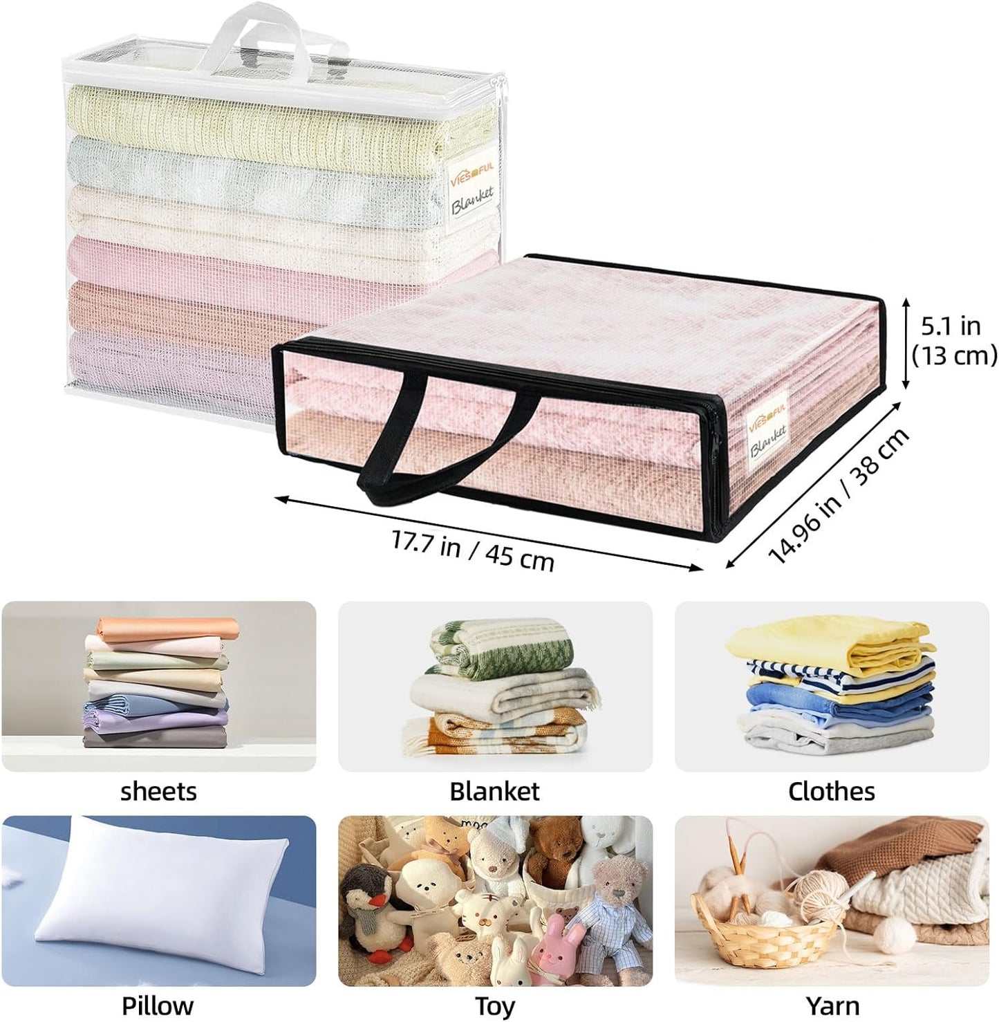 6 Pack Clear Storage Bags with Label, 22L Foldable PVC Mesh Clothes Storage Bags with Zipper for Bedding, Blankets, Clothing, Toys and Underbed Organisation