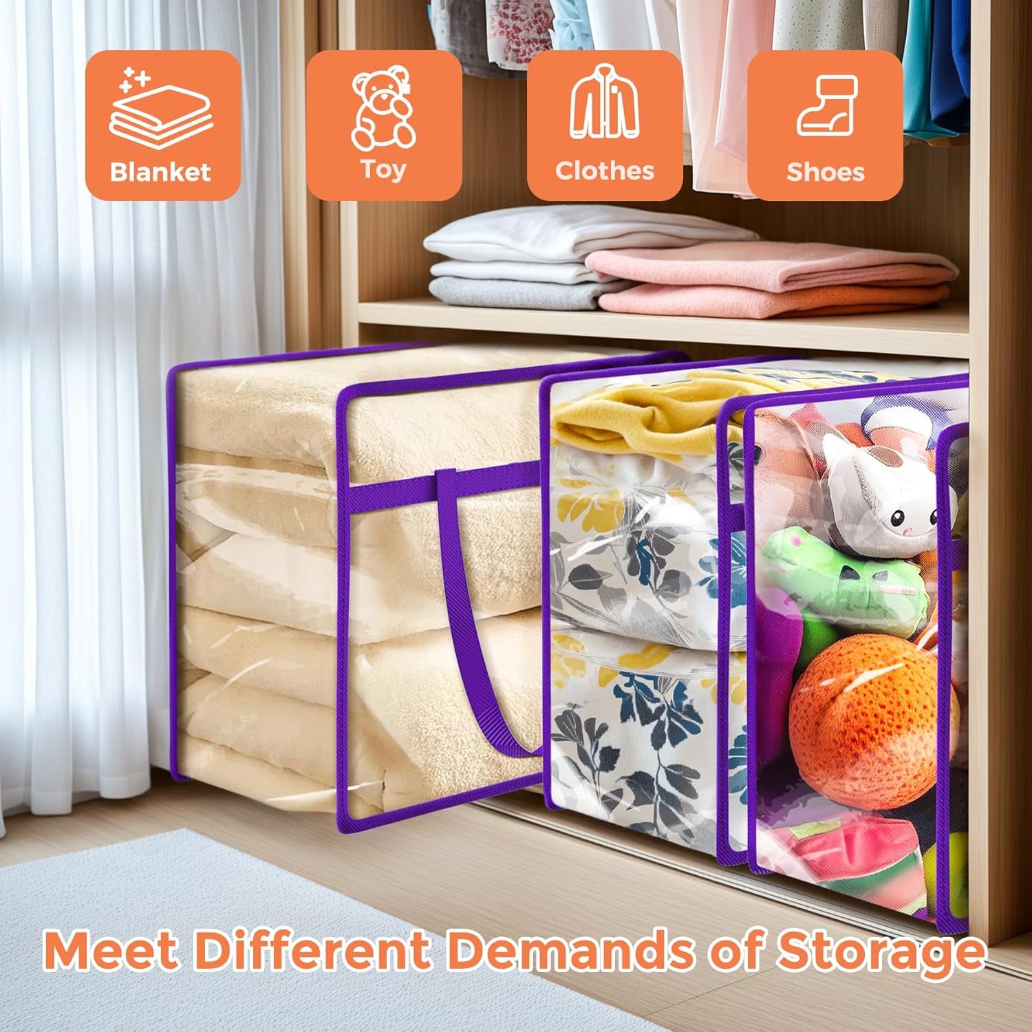 6 Pack Clear Storage Bags, 40L Plastic Storage Bag with Lid, Clothes Storage Bag Moving Bags PVC Organizer with Zipper for Bedding, Linen, Blankets, Comforters, Clothes, Purple
